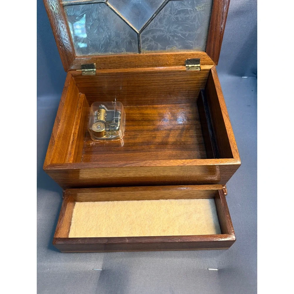 Vintage Reuge Swiss Music Box Dancer Wood Jewelry Box Frosted Leaded Glass Lid